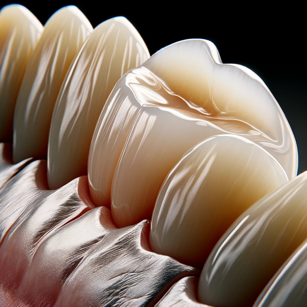 DALL·E 2024 02 01 09.38.52 A close up image of a dental veneer placed next to natural teeth showcasing its fit color match and texture in a highly detailed and photorealistic